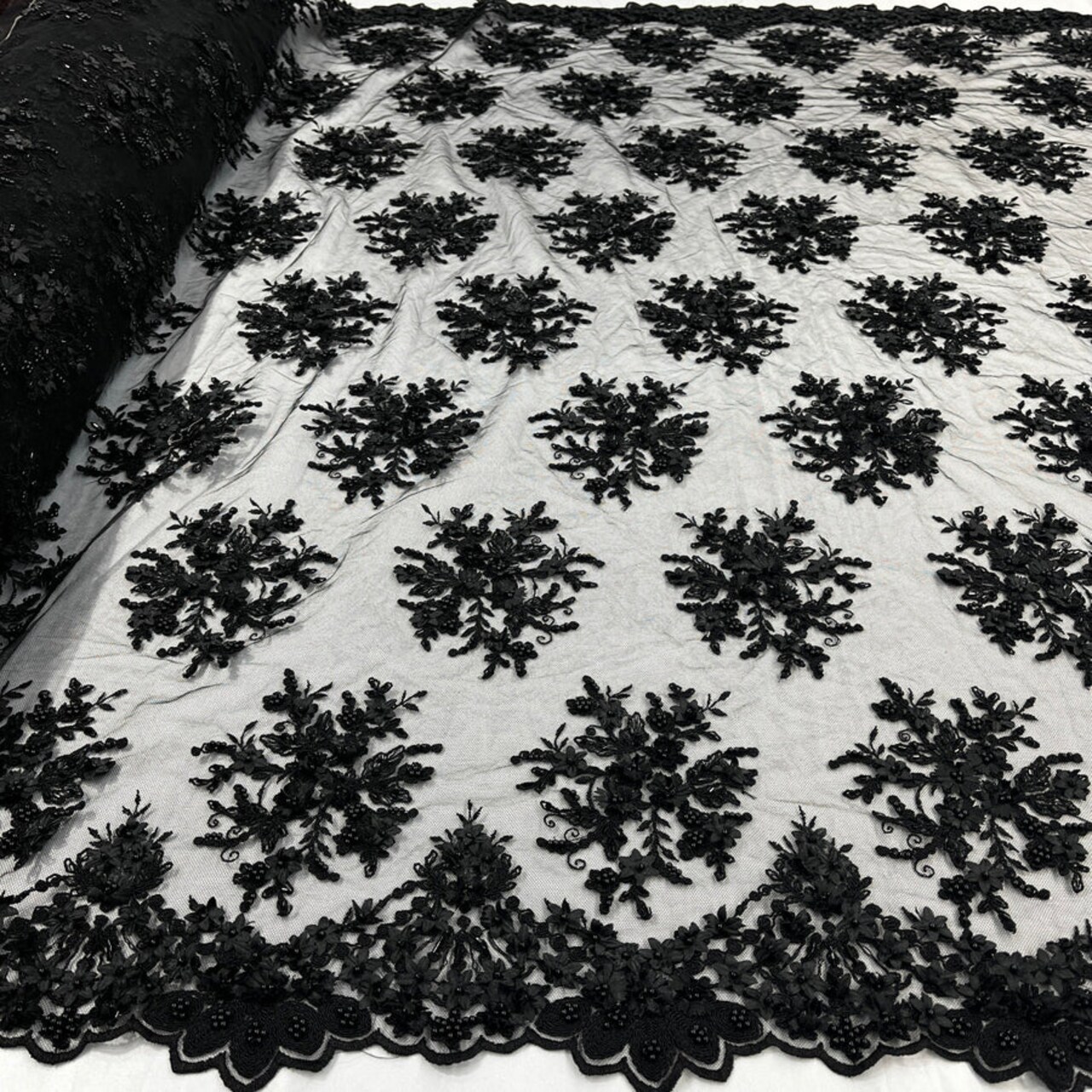 1 Yard Beaded 3D Floral Lace Fabric Embroidered on 100 Percent Polyester Net Mesh 50 Inch Width